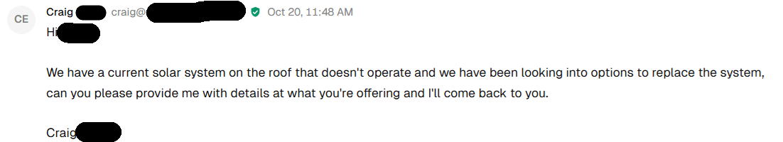 Redacted excerpt of an enquiry about replacing a non-operational rooftop solar system