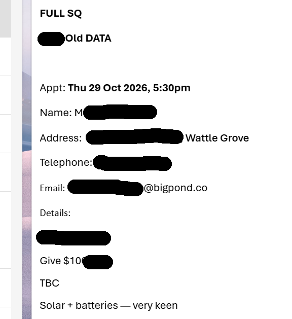 Redacted example of a residential solar appointment lead, showing appointment and enquiry details
