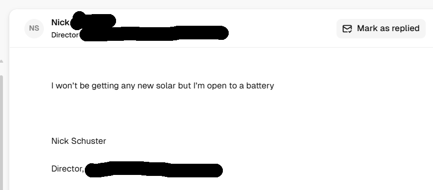 Redacted excerpt of a prospect email expressing interest in a battery