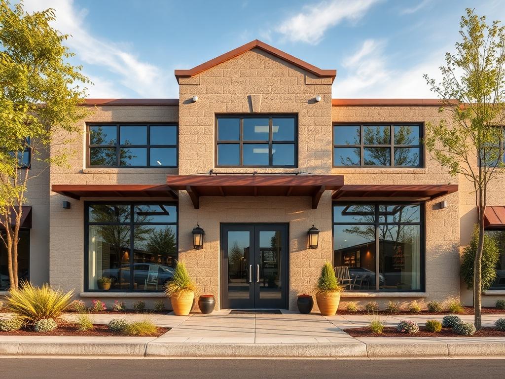 A realistic high resolution image of a renovated commercial building