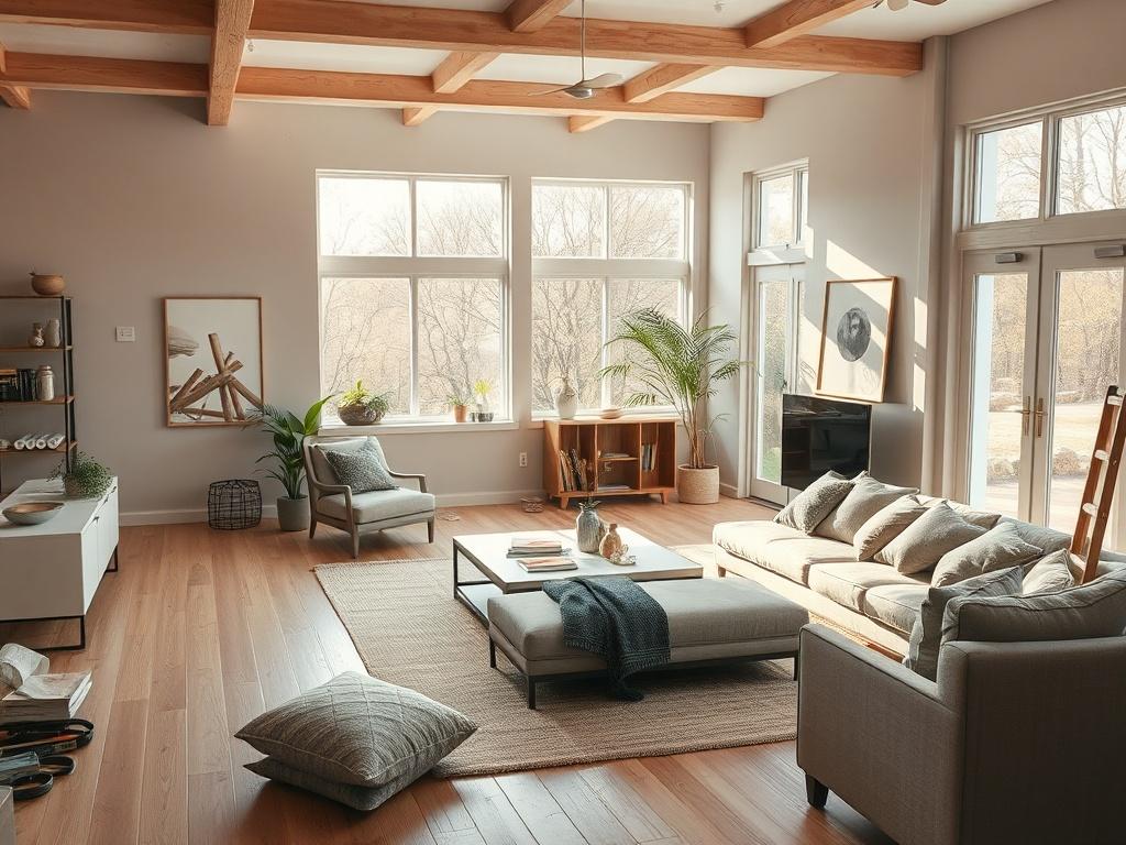 A beautifully renovated living room showcasing modern design elements, with