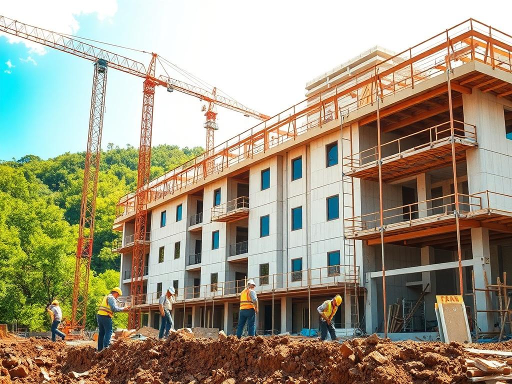 A construction site showcasing a modern building under construction, with