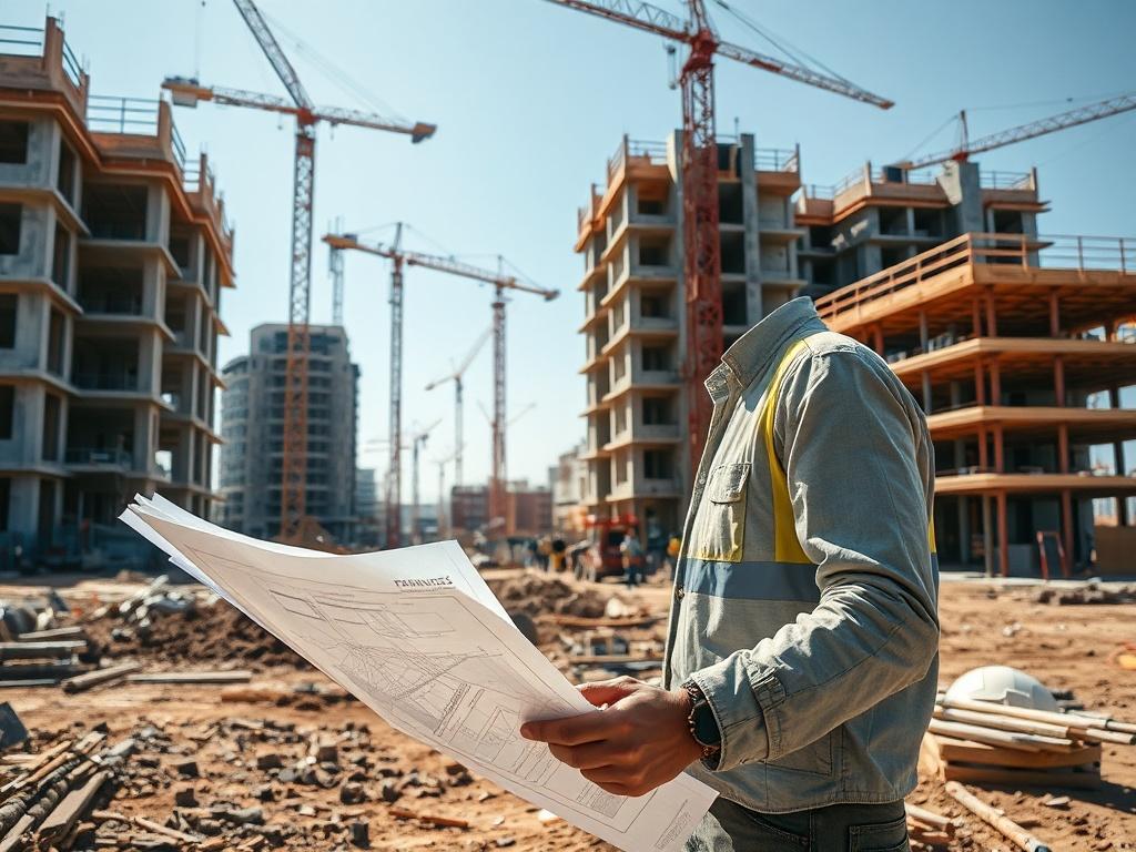 An architect reviewing structural blueprints at a construction site, surrounded