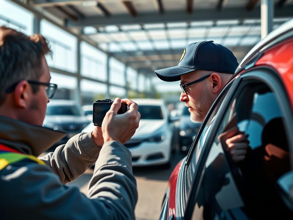 A high resolution close up of a vehicle inspector taking
