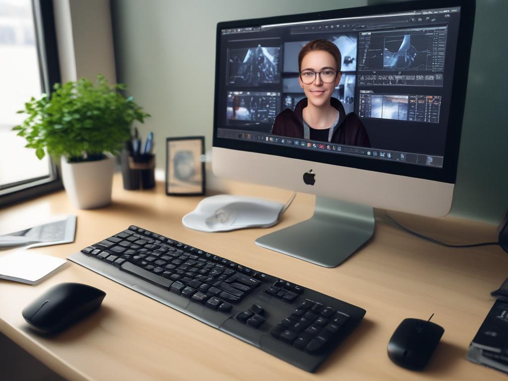A close-up shot of a professional editing workspace featuring a computer screen displaying image editing software, with vibrant images on the screen, high-resolution images in the background, and a simple, clean desk setup, captured with a 45mm f/1.2 lens.