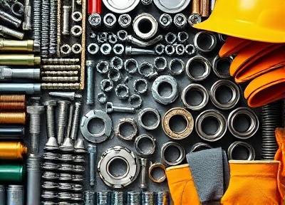Organized industrial supplies including bolts, nuts, bearings, and PPE equipment