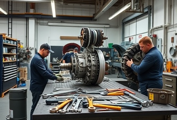 Professional workshop with technicians and repair tools