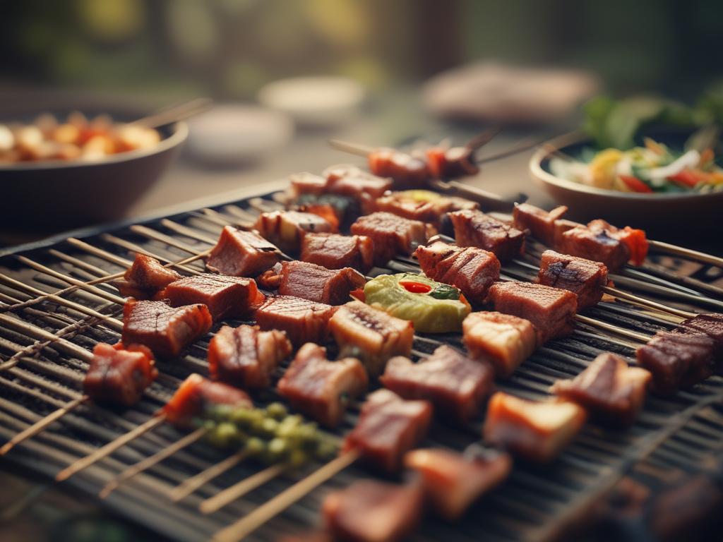 Thai BBQ skewers, grilled meat, riverside atmosphere