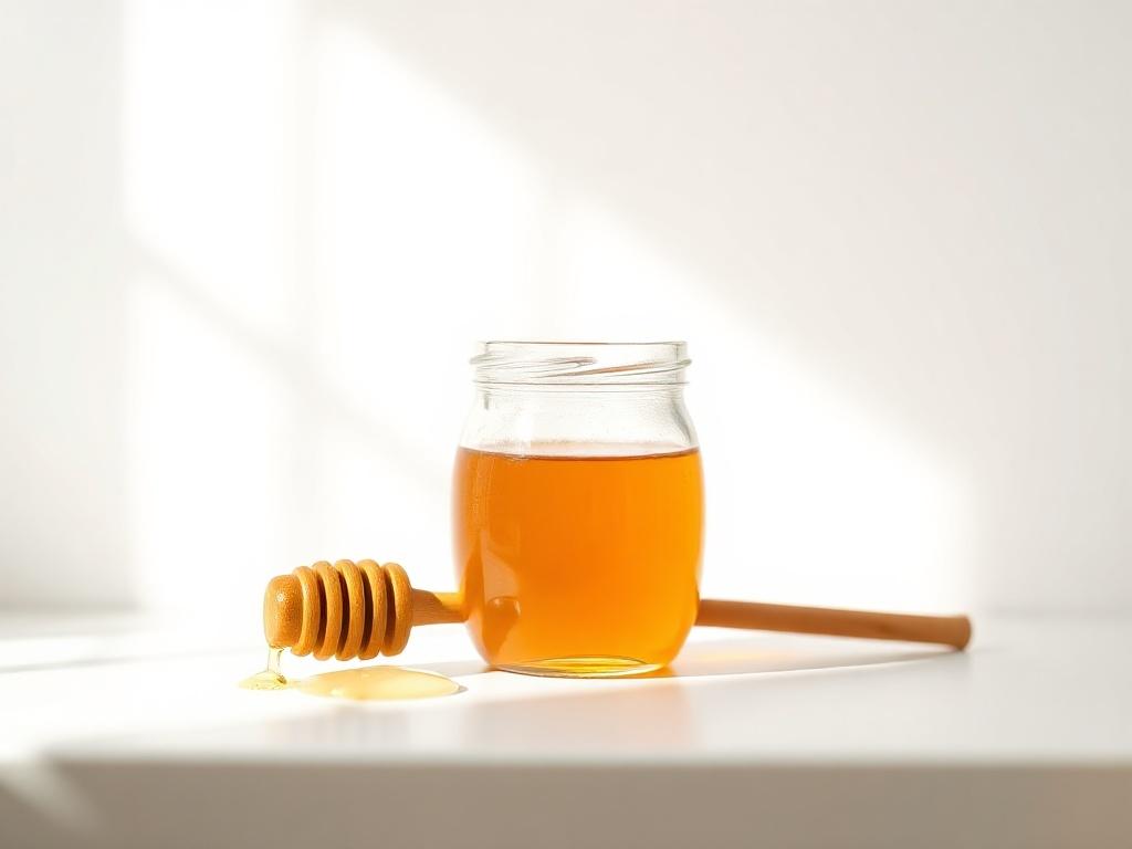 A single jar of golden honey with a wooden dipper, elegantly placed on a minimalist white background. The jar should be clear, showcasing the rich, amber color of the honey. Soft, diffused natural light should highlight the smooth texture of the honey and create a warm, inviting atmosphere. The composition should focus solely on the honey jar and dipper, with no distractions in the background.