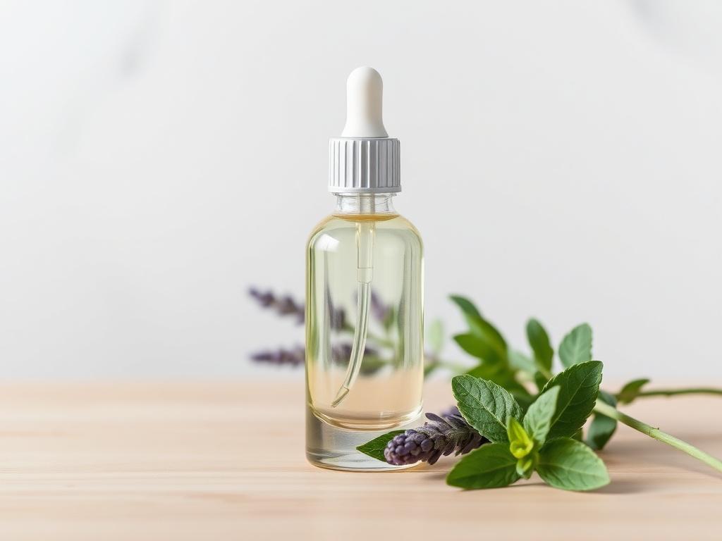 A realistic high-resolution photo of a single elegant glass bottle of essential oil, placed on a clean, minimalist wooden table. The background should feature soft, blurred greenery, suggesting a natural and organic vibe. The bottle should have a simple, sophisticated design with a dropper cap, and there should be a few fresh herbs like lavender and mint nearby. The composition should be simple and clear, emphasizing the purity and essence of the product.