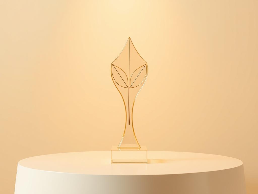 A minimalist award trophy with clean lines, showcasing a leaf