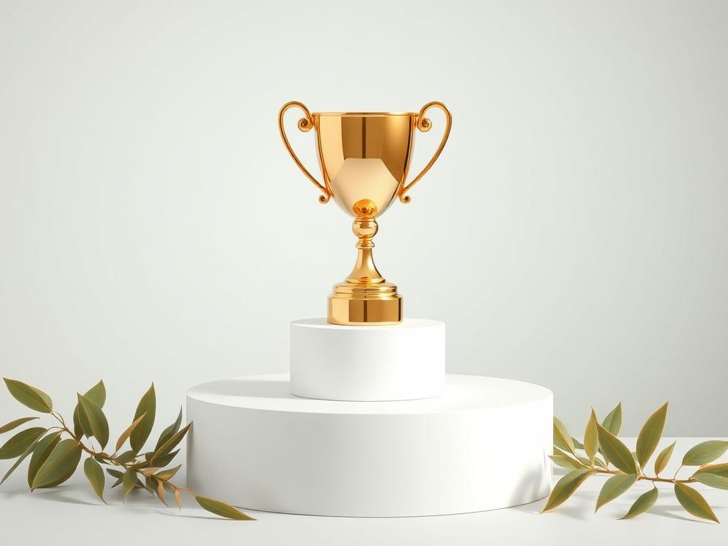 A clean, minimalistic image featuring a shiny gold trophy on