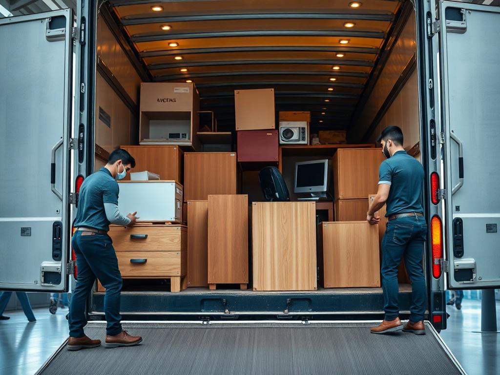 A close-up shot of office furniture and equipment being carefully packed and loaded into a moving truck by professional movers. The setting should reflect a bustling office environment, showcasing efficiency and teamwork. Movers should be in professional attire, demonstrating organization and care. The image should evoke a sense of trust and reliability, highlighting the expertise of EZ Removals in commercial moves.