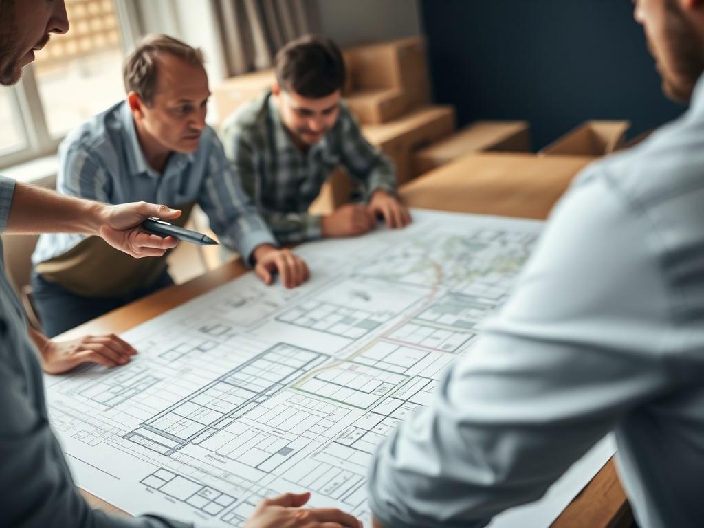 A close-up shot of a meticulous planning session with a project manager and movers discussing a complex relocation plan. The background should show detailed maps and plans on a table, emphasizing organization and teamwork. The setting should reflect a professional environment, conveying expertise and confidence in handling challenging projects. The image should capture a sense of collaboration and precision in complex moving.