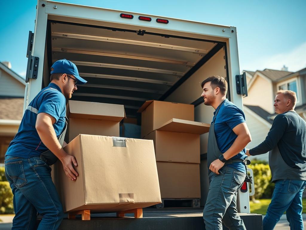 A close-up shot of a professional moving team packing household items into a truck, showcasing their efficiency and teamwork. The background should be a suburban home setting, with a clear blue sky, emphasizing a bright, sunny day. The movers should appear focused and organized, demonstrating reliability and professionalism. The image should capture the essence of stress-free residential moving.
