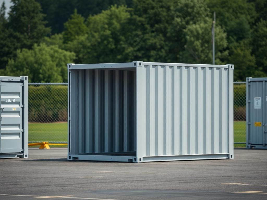 A realistic high-resolution image of a basic outdoor container storage unit in a secure facility, showcasing the container's accessibility and security features, with a vibrant green landscape in the background.