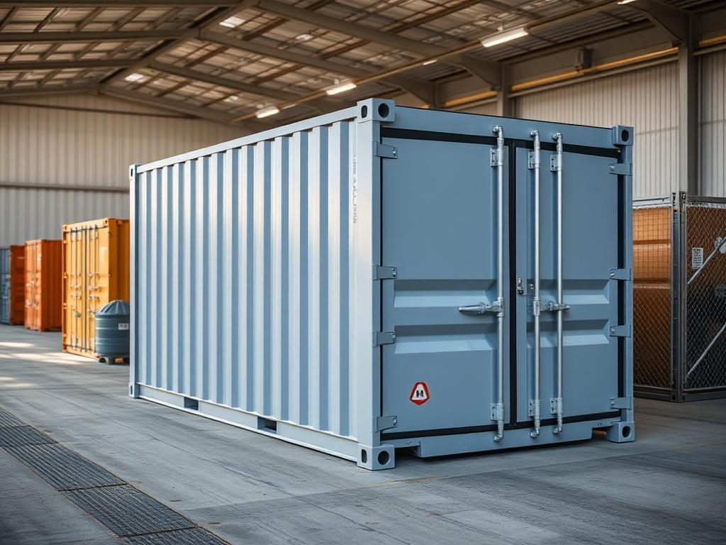 A realistic high-resolution image of a premium outdoor container storage unit in a secure facility, highlighting its advanced security features and accessibility, with a bright and inviting environment surrounding it.