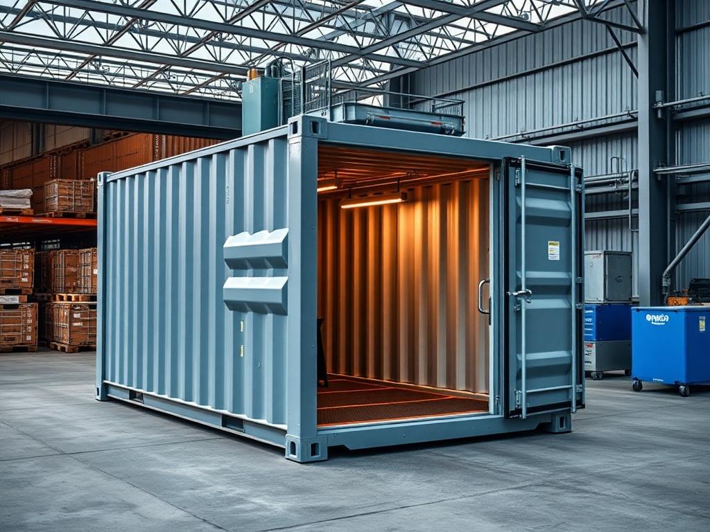 A realistic high-resolution image of a business-focused outdoor container storage unit in a secure facility, demonstrating its accessibility and security features, set against a professional work environment.