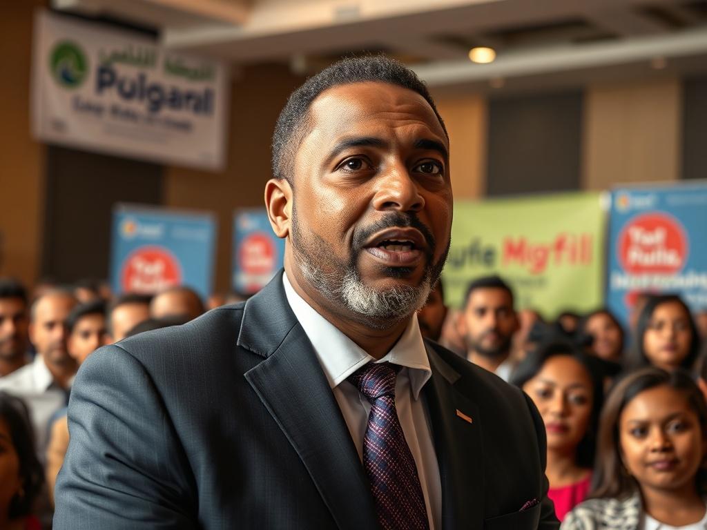 A close-up shot of Waziri Sheriff Galadami speaking at a charity event, surrounded by a diverse group of attendees. The setting is lively, with banners promoting the charity in the background. The focus is on Waziri, who is wearing a professional suit, exuding charisma and passion for humanitarian causes. The lighting is warm, creating an inviting atmosphere, and the background features a soft blur of engaged audience members, emphasizing the importance of the event.