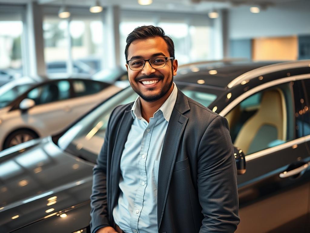 An engaging close-up image of Waziri Sheriff Galadami standing proudly next to a luxurious car. The vehicle is sleek and shiny, representing his role as a car dealer. The background is a well-lit dealership showroom, showcasing other vehicles in a professional display. Waziri is smiling confidently, wearing a smart casual outfit, conveying his expertise and passion for the automotive industry. The lighting highlights the car's features, making it the focal point of the image, while still capturing Waziri's 