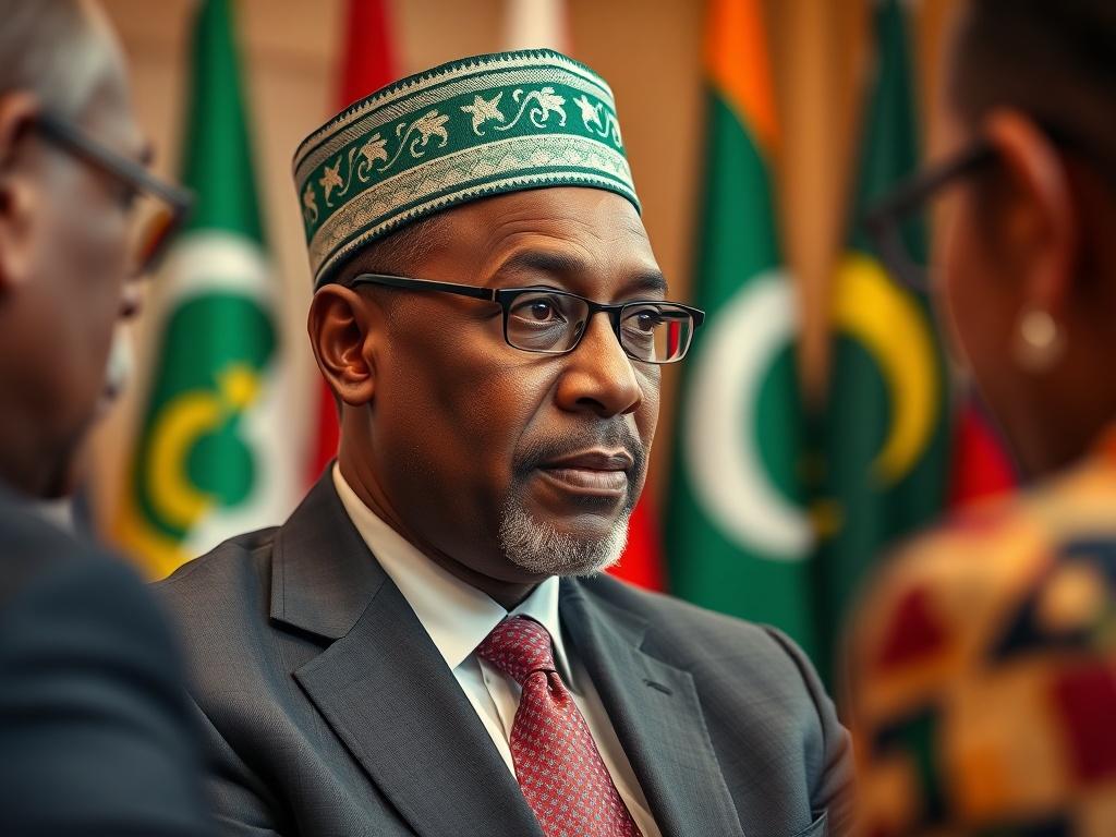 A striking close-up of Waziri Sheriff Galadami in an ambassadorial setting, engaging in a dialogue with international delegates. He is dressed in formal attire, exuding professionalism and authority. The background features flags of various nations, symbolizing diplomacy and collaboration. The ambiance is formal yet warm, with soft lighting that enhances Waziri's engaging expression as he listens intently. The image captures a moment of connection, showcasing his role in fostering international relations an