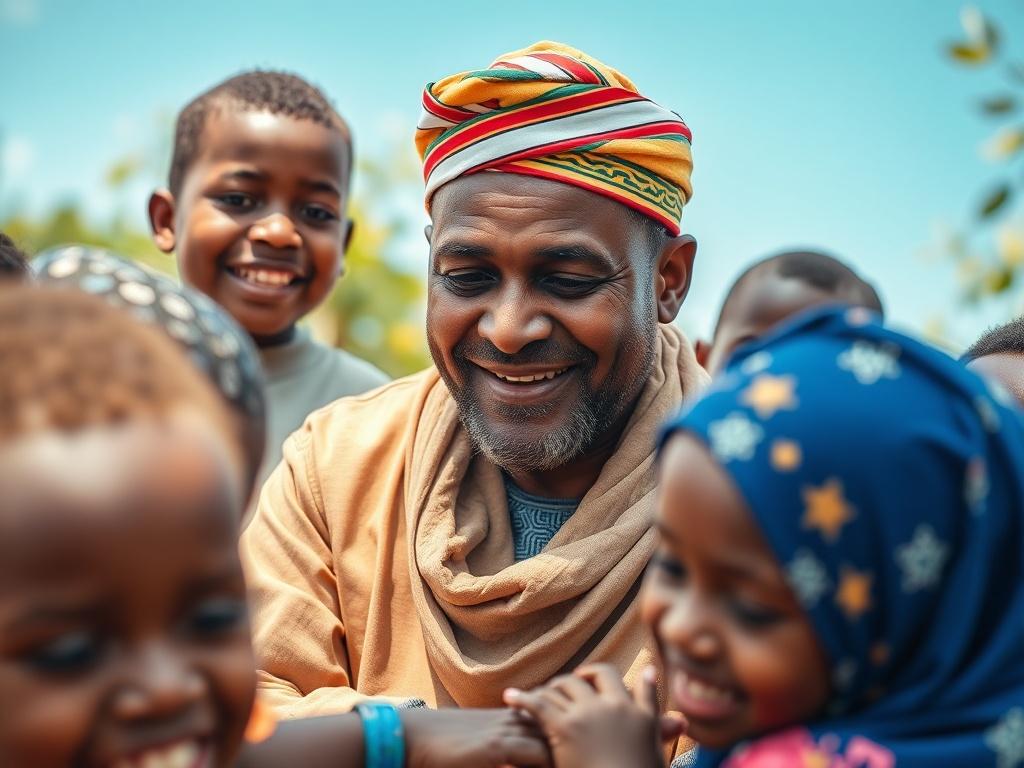 A heartwarming scene depicting Waziri Sheriff Galadami engaged in a