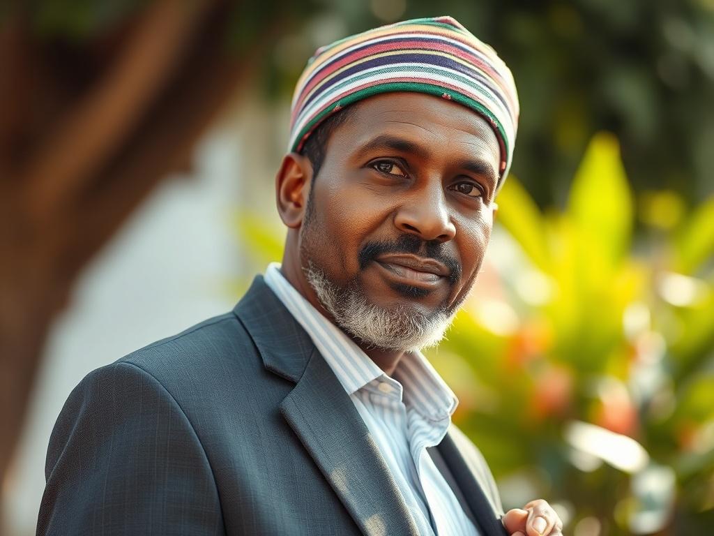 **AI Image Generation Prompt:**

Generate a realistic high-resolution photo depicting Waziri Sheriff Galadami as the sole subject. The image should capture him in a contemplative moment, showcasing his character and depth. He should be portrayed in a natural setting that reflects his multifaceted life as a car dealer, humanitarian, and ambassador.

Composition should be simple and clear, focusing solely on Waziri. Position him slightly off-center, looking thoughtfully into the distance, with a warm, invitin