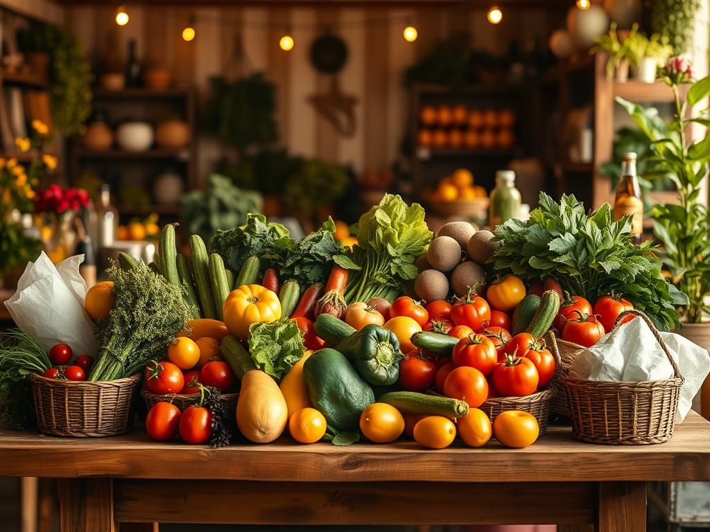 A rustic wooden table filled with an assortment of fresh produce, including vibrant vegetables and fruits, beautifully arranged. In the background, soft golden lighting enhances the warm atmosphere, with hints of plants and flowers peeking in from the sides, creating a cozy, inviting scene that reflects a local market.