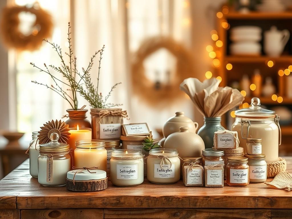 A high-resolution photo of a beautifully arranged display of handmade gifts, featuring candles, pottery, and soaps on a rustic wooden table. The background should have a soft, warm glow, creating a cozy and inviting atmosphere that highlights the artistry of local crafts.