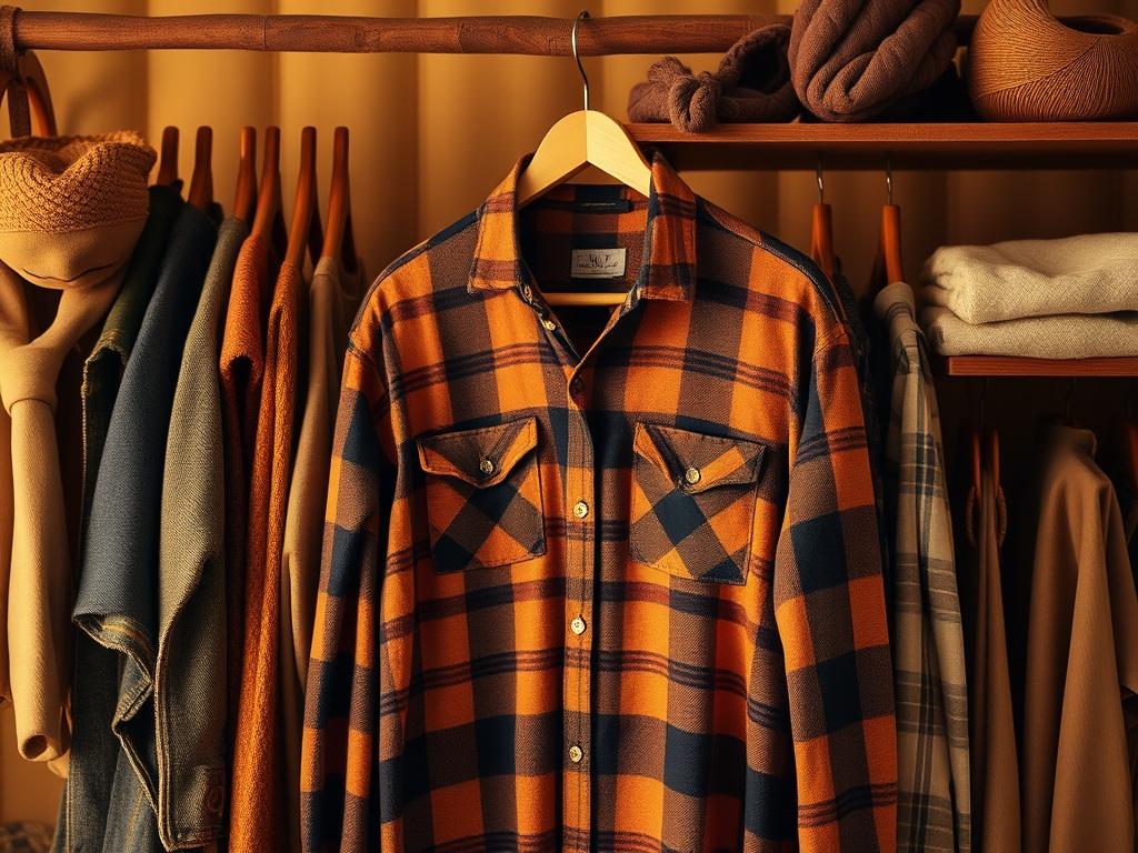 A cozy, rustic display of handmade clothing items, focusing on a beautifully crafted flannel shirt in earthy tones. The shirt hangs on a simple wooden hanger against a soft, golden-hued background, evoking a warm, inviting atmosphere. The setting should reflect a small-town charm, with soft lighting that highlights the texture and quality of the fabric.
