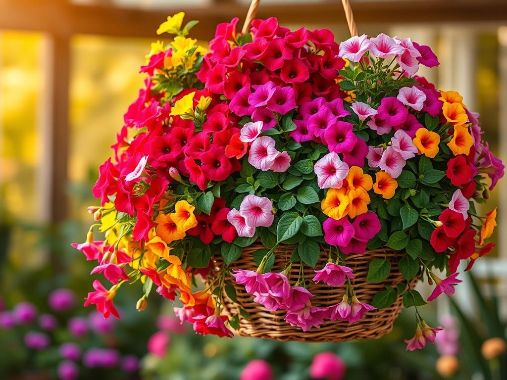 A realistic high-resolution photo of vibrant hanging basket flowers, showcasing a variety of colorful blooms such as petunias, geraniums, and fuchsias. The flowers should be cascading gracefully from a woven basket, with lush green foliage surrounding the blooms. The background should have a soft focus garden setting with warm, golden hues and gentle lighting to create a serene atmosphere.