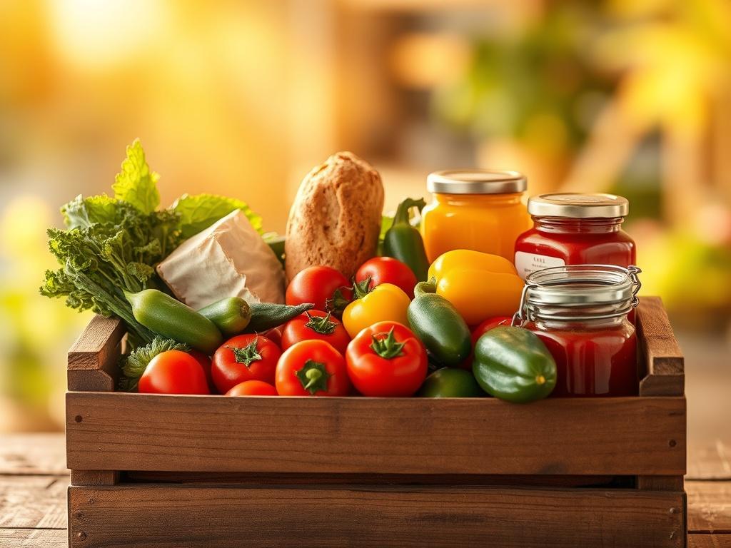 A realistic high-resolution photo of fresh, locally sourced groceries displayed in a rustic wooden crate. The groceries include vibrant vegetables like tomatoes, cucumbers, and bell peppers, along with a loaf of homemade bread and jars of colorful jams. The background features soft golden lighting that creates a warm and inviting atmosphere, enhancing the cozy, small-town market feel.