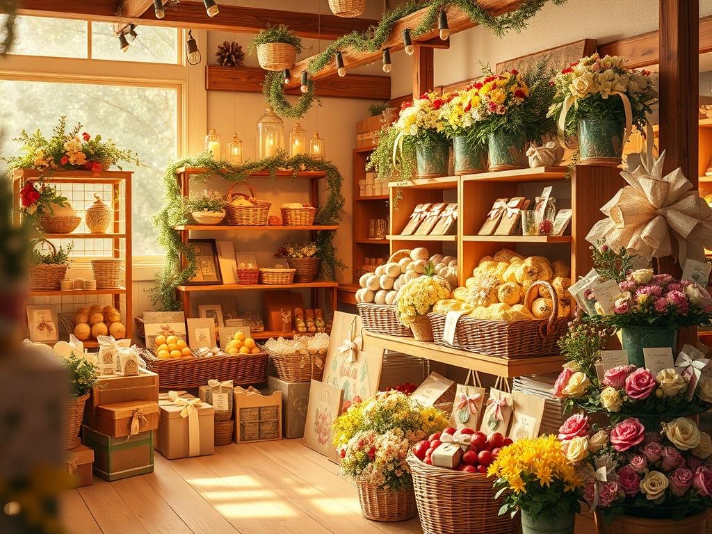 A beautifully arranged seasonal gift collection in a warm, rustic market setting. The display features themed items like holiday ornaments, summer picnic baskets, and seasonal flowers. Soft golden lighting enhances the cozy atmosphere, making it inviting for customers looking for seasonal gifts.