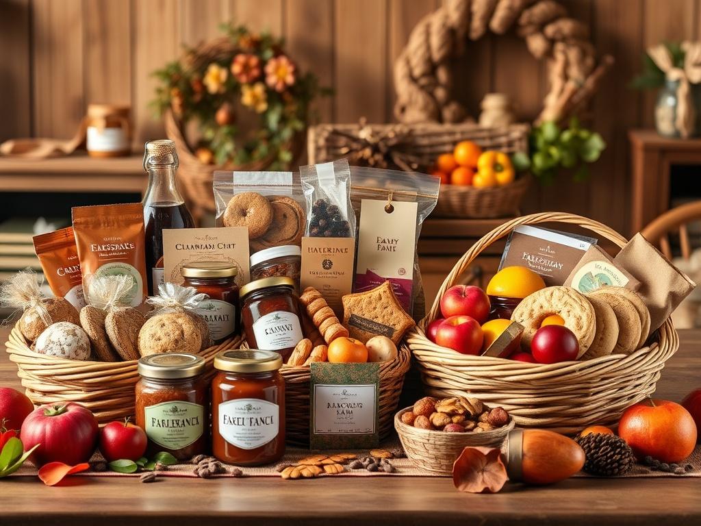 A cozy, high-resolution photo of beautifully arranged gift baskets filled with various homemade treats such as jams, cookies, and seasonal fruits. The setting is warm and inviting, with soft lighting that highlights the vibrant colors of the products. The background features rustic wooden elements to evoke a small-town charm, creating an atmosphere of warmth and community.