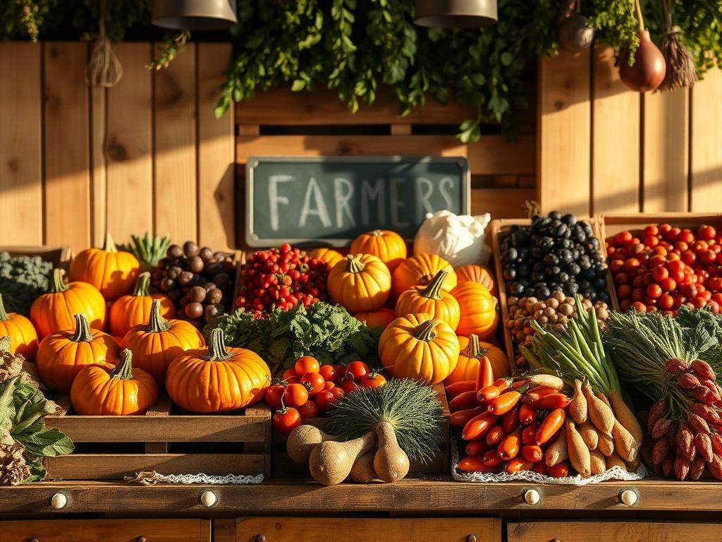 A picturesque arrangement of seasonal items, showcasing the best of what Farmer's Daughters Market has to offer at different times of the year. The display should feature pumpkins in autumn, fresh berries in summer, and hearty root vegetables in winter. Soft, natural lighting enhances the vibrant colors and textures, set against a backdrop of rustic wooden crates and greenery, evoking a sense of connection to the changing seasons and local farming.