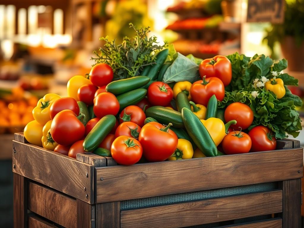 A rustic wooden crate overflowing with a variety of fresh seasonal produce, including ripe tomatoes, crisp cucumbers, vibrant bell peppers, and leafy greens. The scene is set in a cozy, sunlit market environment, with soft golden hues illuminating the produce. The background is a warm, blurred representation of a welcoming market atmosphere, emphasizing the freshness and local charm of the offerings.