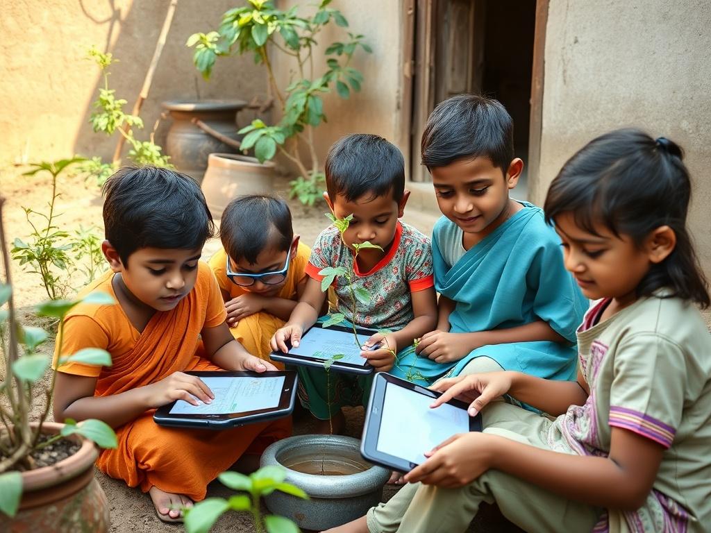 Ultra-realistic photo of Indian children (ages 6-12) learning with tablets in a small community garden near a simple home. The composition shows a group of children engaged with their tablets, surrounded by green plants and a visible sapling in a pot. A small water bowl is also visible in the scene. The lighting is soft and warm, creating a candid yet dignified atmosphere.
