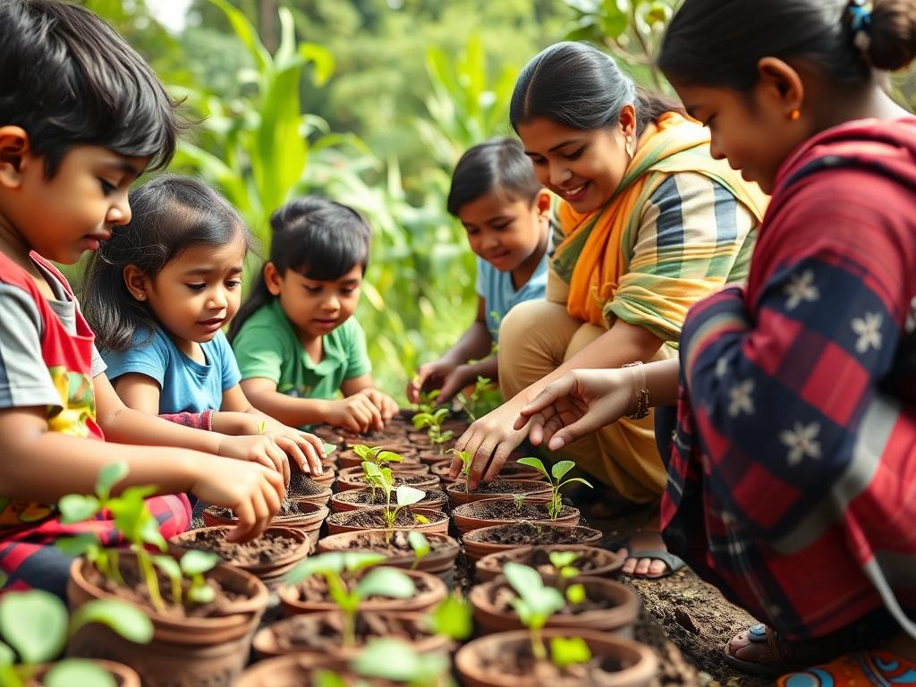 A vibrant image showing children planting seeds in pots with a teacher guiding them, surrounded by greenery. The atmosphere is lively, showcasing teamwork and excitement about nature.
