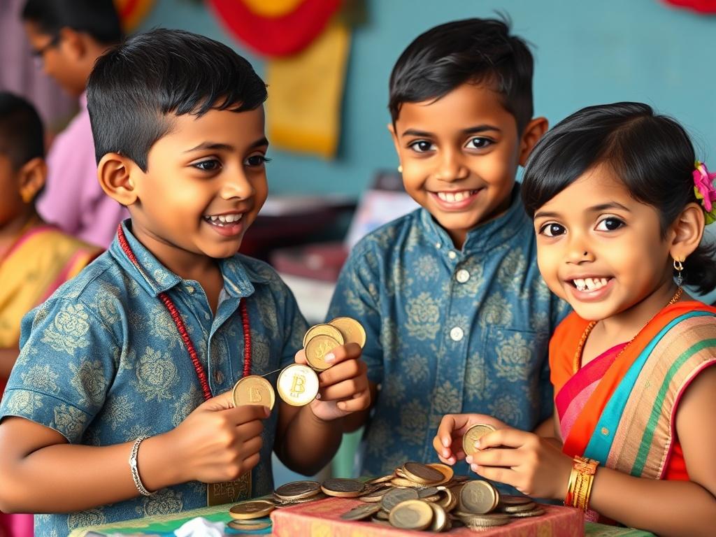 An engaging image of children excitedly using Aasha Coins at a small auction event, showcasing their items and participating in a lively bidding process with smiles and enthusiasm.