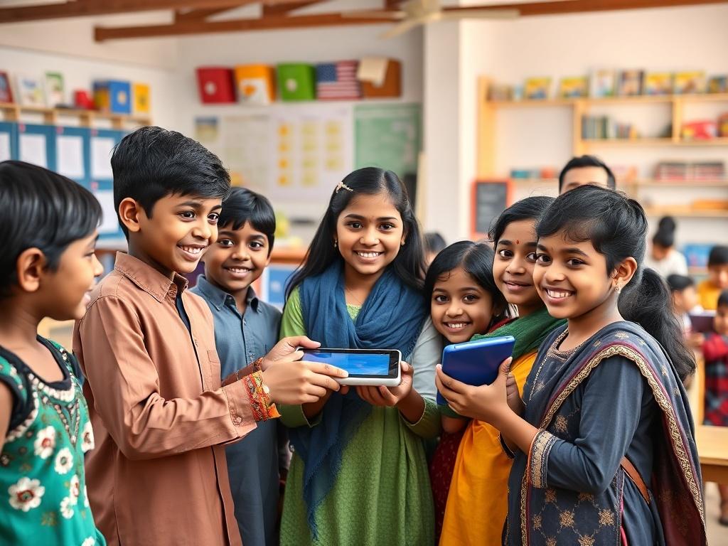 A realistic image of a diverse group of children happily receiving tablets from a volunteer in a community center. The background shows a well-organized room with educational materials and children engaged in learning activities.