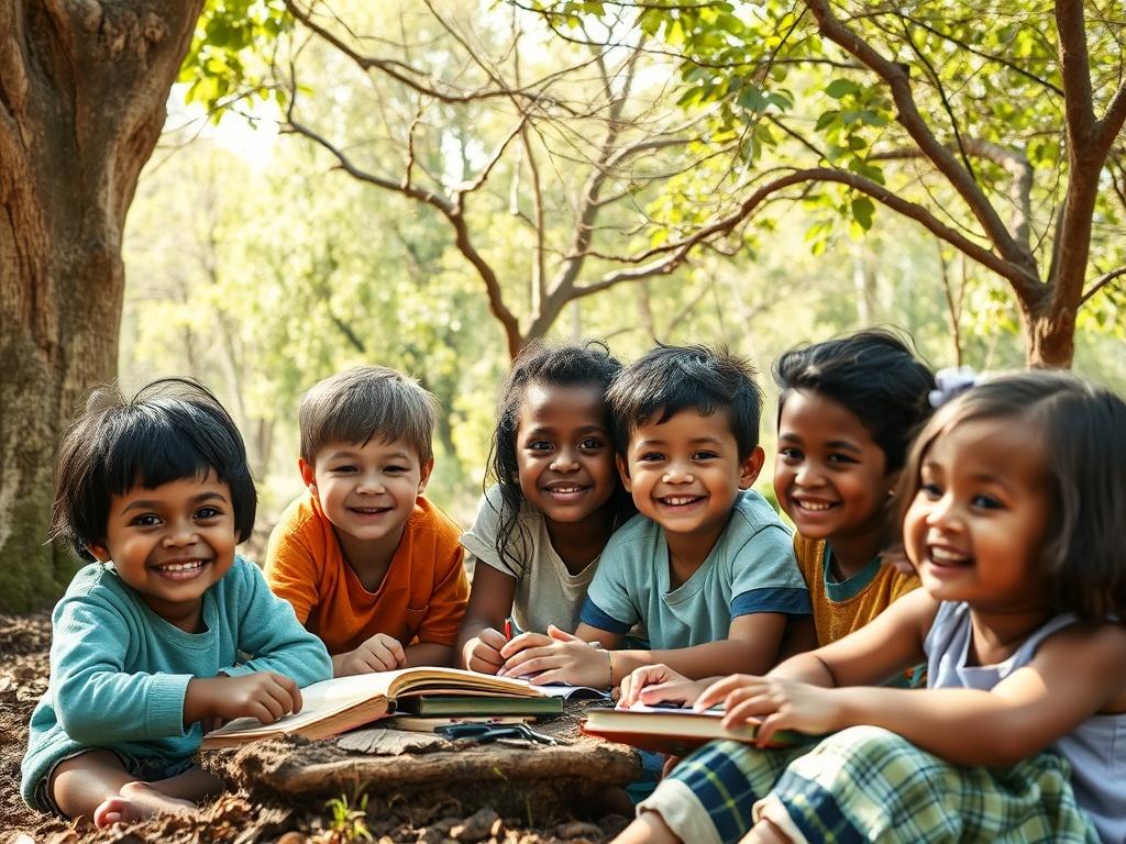 A diverse group of children engaged in outdoor learning activities, surrounded by trees and nature. The scene captures a vibrant atmosphere, with children smiling and participating in various educational tasks. The background features earthy textures and natural light, creating a warm and inviting environment. The composition should focus solely on these children, showcasing their joy and curiosity in a setting that reflects the foundation's mission.