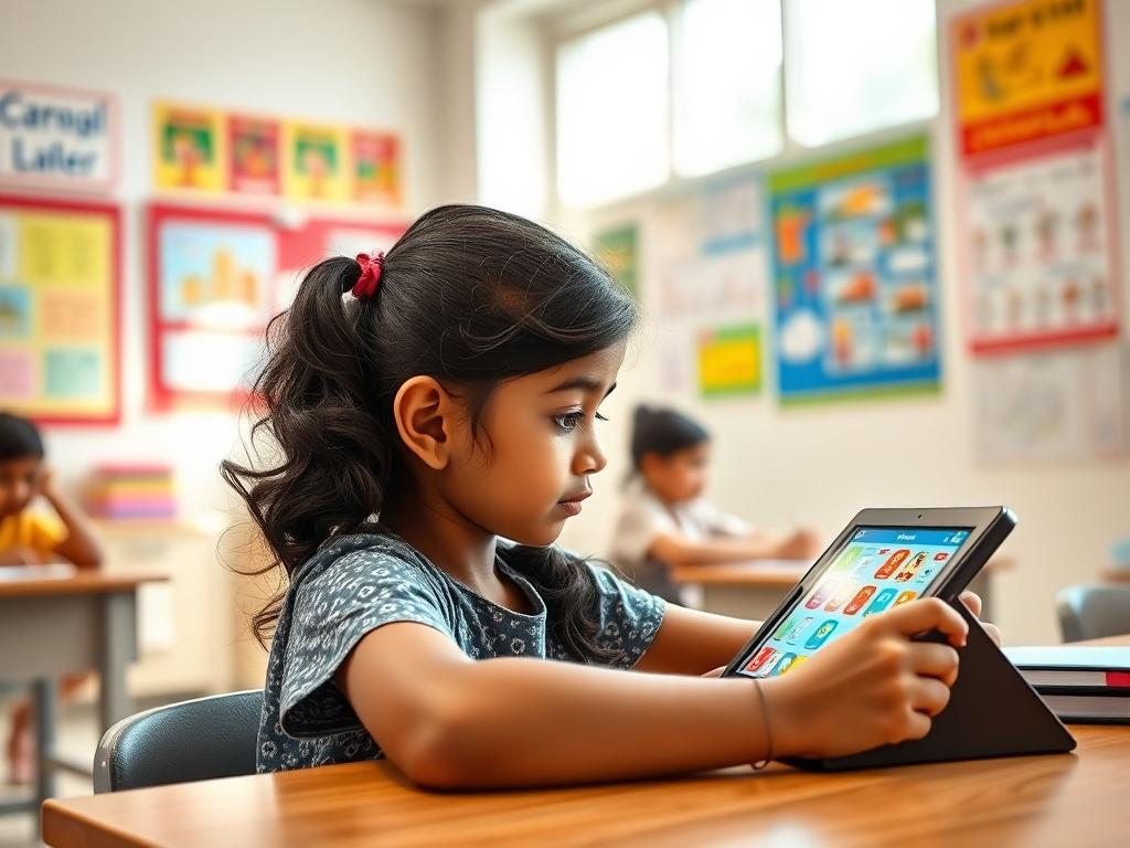 A realistic high-resolution photo of a young Indian girl studying in a Focused Learning Hub. She is sitting at a desk, focused on a tablet displaying colorful educational content. The classroom is bright and inviting, with educational posters on the walls and natural light streaming in through a window. The atmosphere conveys enthusiasm for learning.