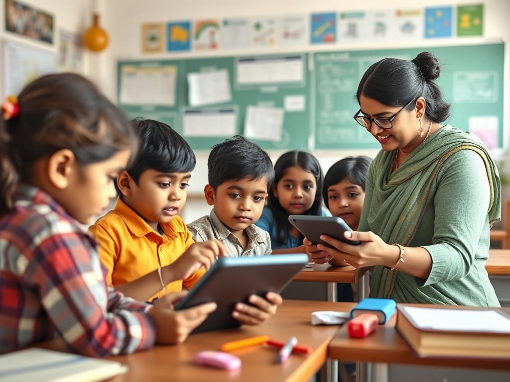 A realistic scene showing children in a classroom setting engaging with educational tablets, surrounded by educational materials and a teacher guiding them.