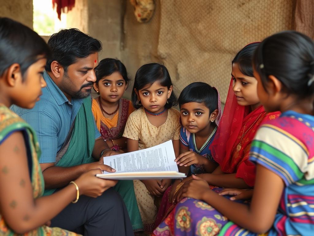 A community gathering where stakeholders are reviewing reports and discussing the foundation's impact on children's learning and eco initiatives.