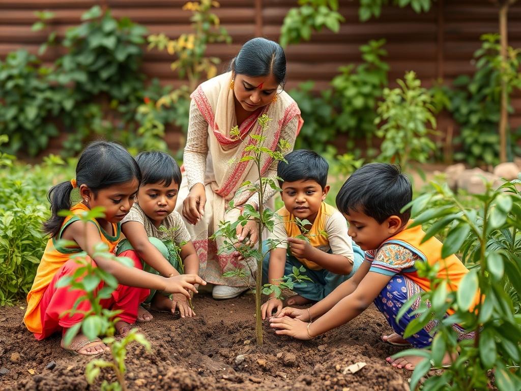A vibrant image of children planting trees in a community garden, with a teacher supervising and encouraging them.