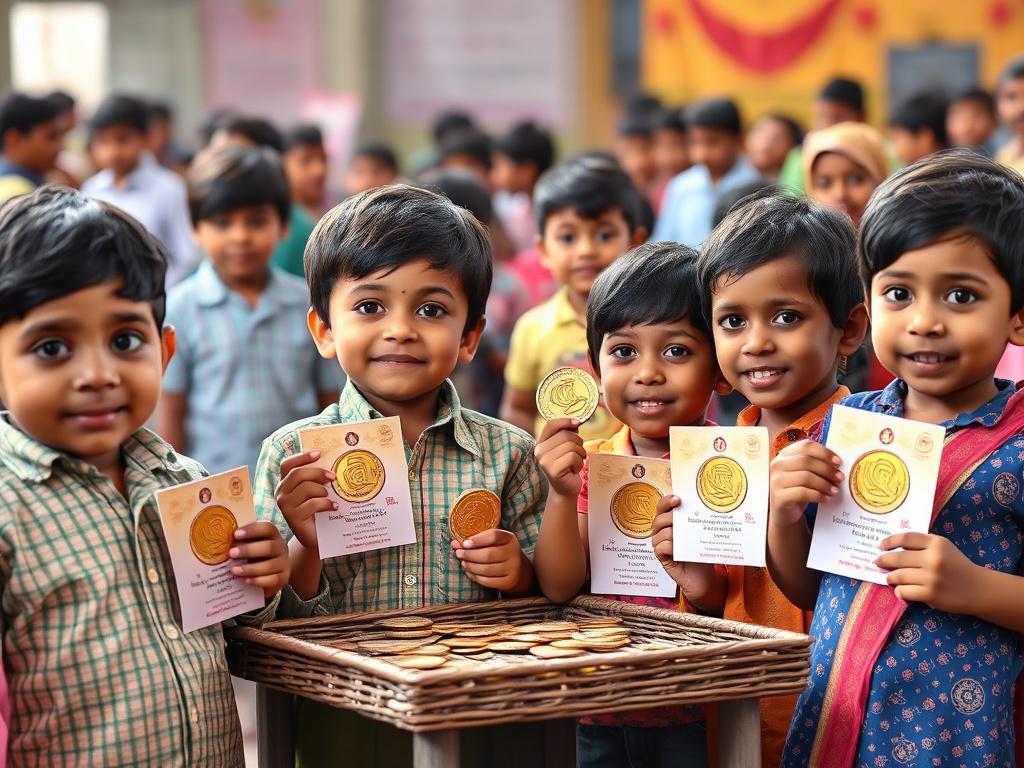 An engaging image of children excitedly participating in an auction, displaying their Aasha Coins and items available for redemption.