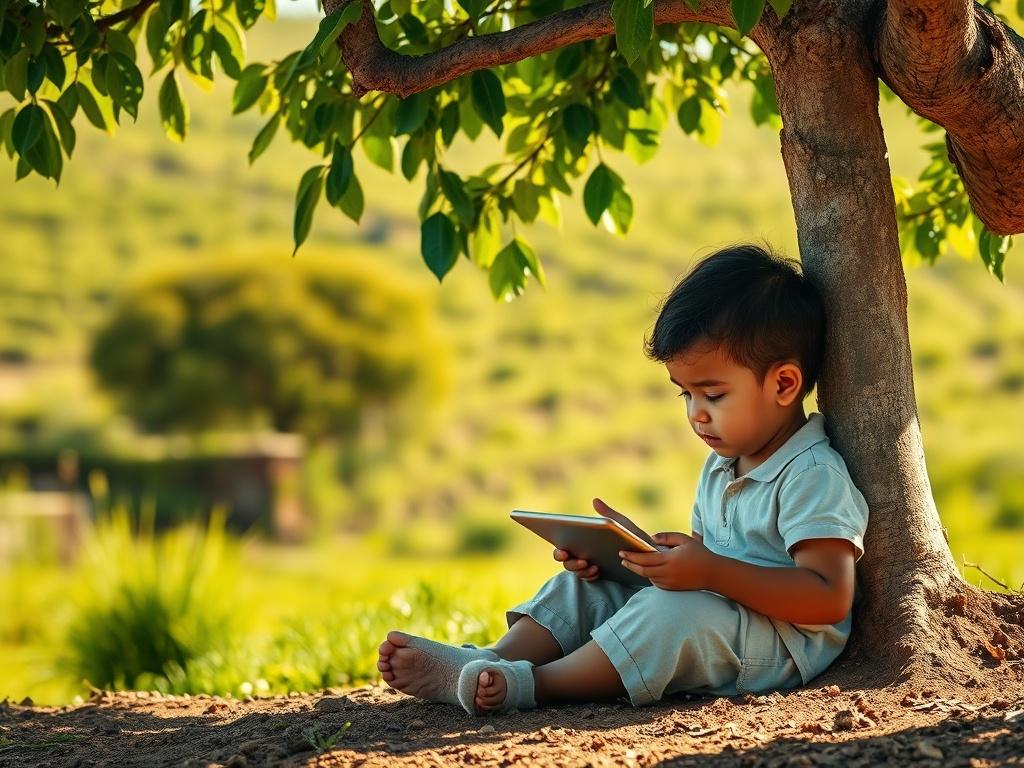 A single child sitting under a tree, engaged in learning with a digital tablet. The background features a lush green landscape, symbolizing nature and growth. The lighting is warm and inviting, creating a sense of hope and opportunity.