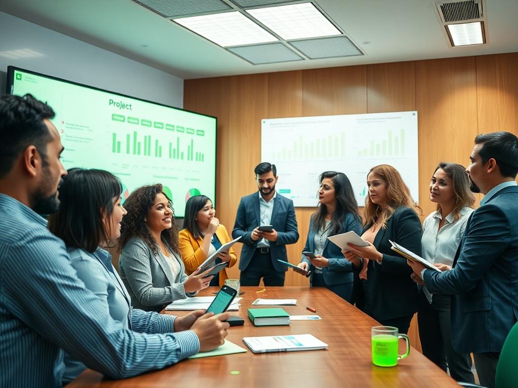 An energetic team brainstorming in a bright conference room