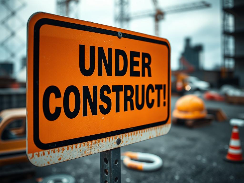A high-resolution, hyper-realistic close-up image of an 'Under Construction' sign. The sign should be bold and clear, featuring the text 'Under Construction' in large letters. The background should show a worksite with construction materials and equipment, creating a sense of activity and progress. The image should focus on the sign, with soft bokeh effects in the background to emphasize the message. The color scheme should align with the RGB color (50, 170, 39) for a vibrant look.