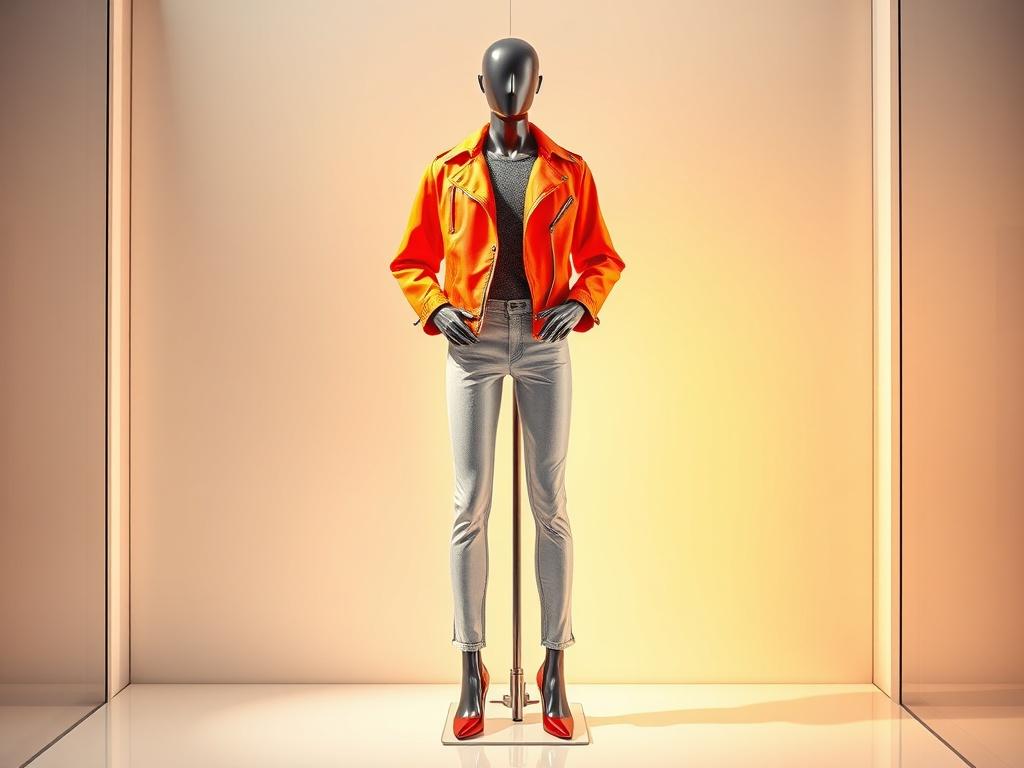 A realistic high resolution featuring a stylish mannequin dressed in